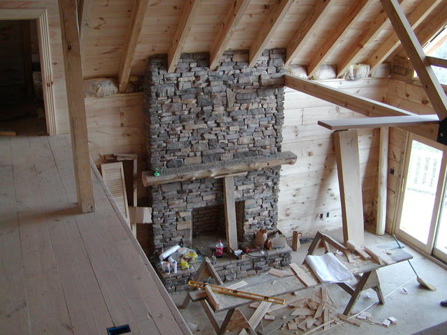 Lanny And Rex Finally Get The Stone To The Roof and Install Log Mantel.